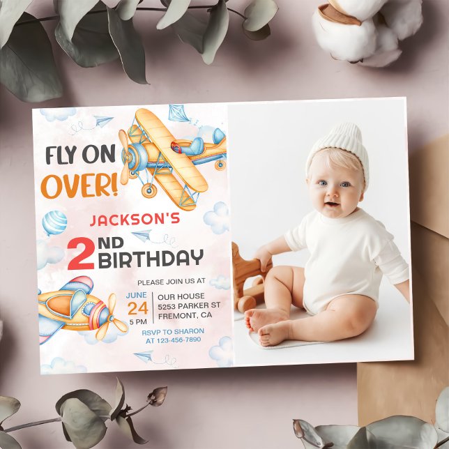 Airplane Fly On Over 2nd Birthday Party Photo Invitation (Creator Uploaded)