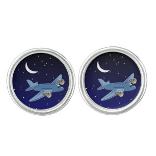 Airplane flying at night with moon & stars. Pilot Cufflinks