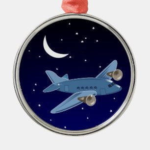 Airplane flying at night with moon & stars. Pilot Metal Ornament