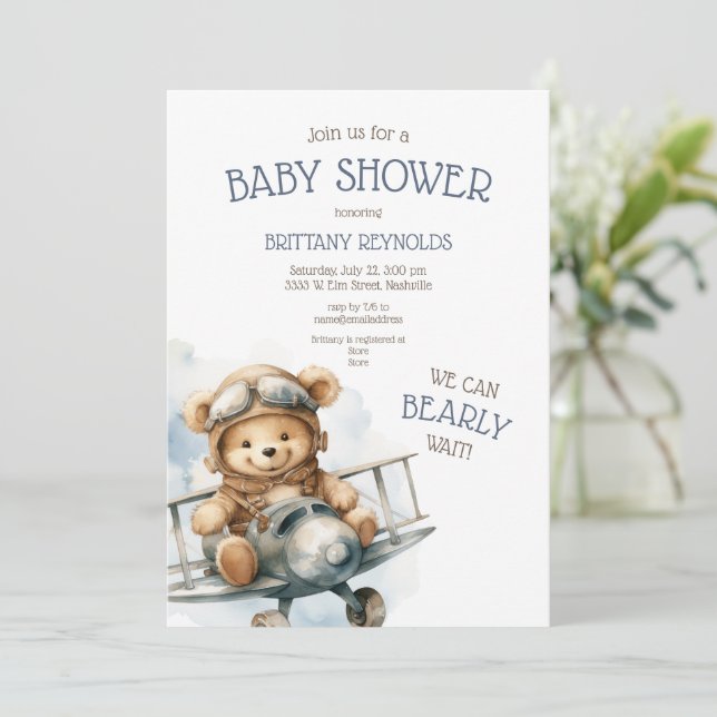 Airplane Flying Bear Blue Baby Shower Invitation (Standing Front)
