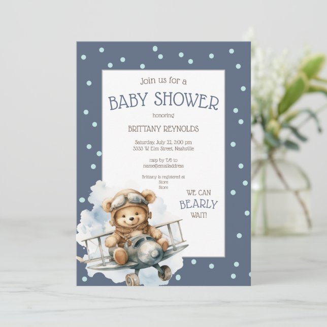 Airplane Flying Blue Bear Baby Shower Invitation (Standing Front)