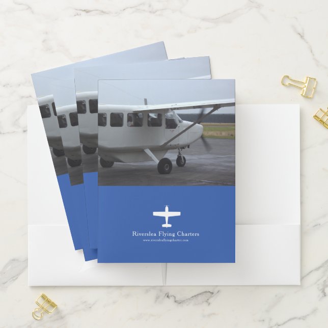 Airplane flying charters or flying school blue pocket folder (In Situ)