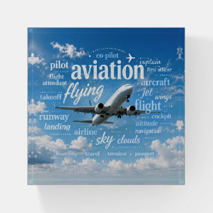Airplane Flying in a Word Cloud Paperweight