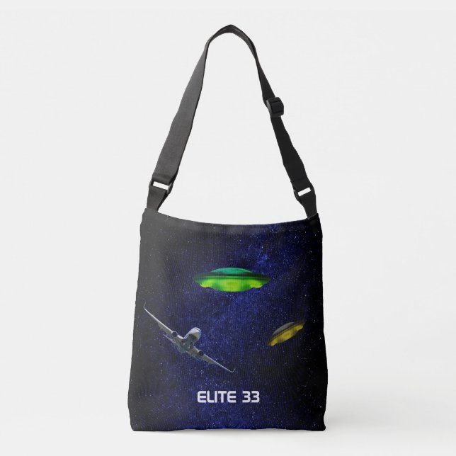 Airplane, flying saucers & galaxy background crossbody bag (Front)
