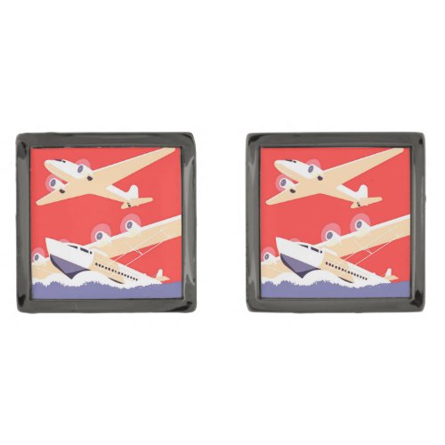 Airplane Flying Vintage WPA Colorful Gunmetal Finish Cufflinks