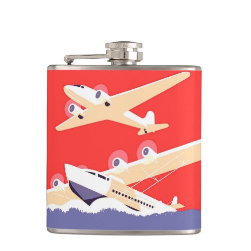 Airplane Flying Vintage WPA Colorful Hip Flask