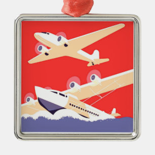 Airplane Flying Vintage WPA Colorful Metal Ornament