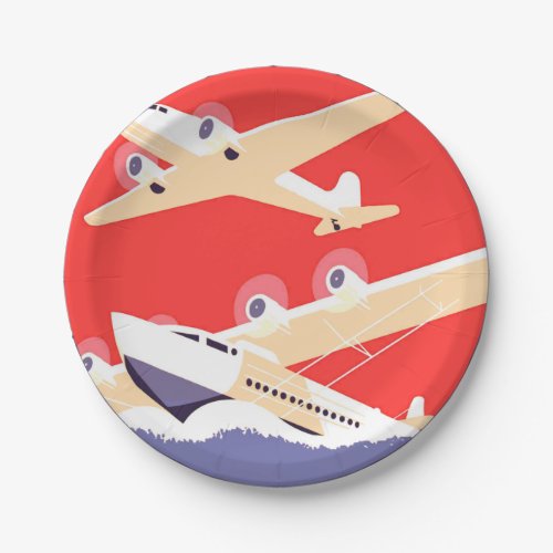 Airplane Flying Vintage WPA Colorful Paper Plates