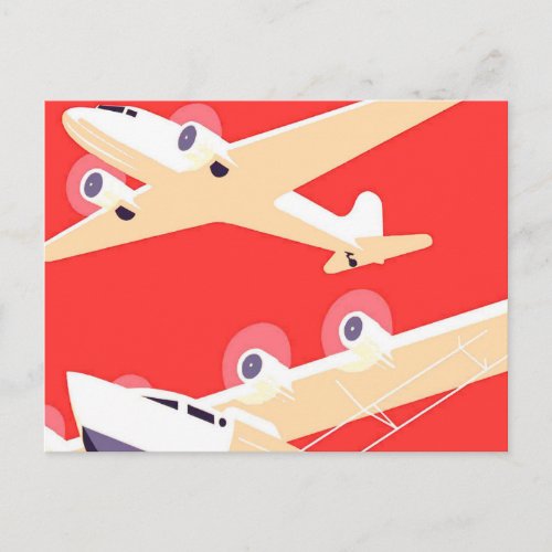 Airplane Flying Vintage WPA Colorful Postcard