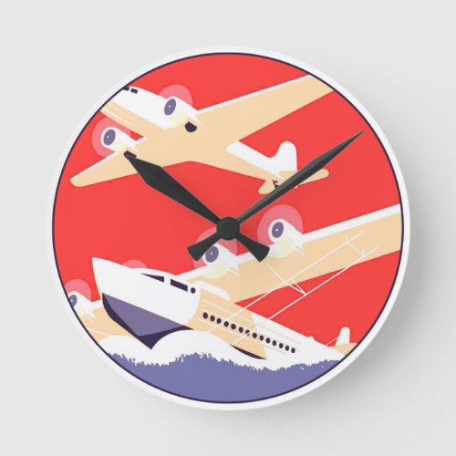 Airplane Flying Vintage WPA Colorful Round Clock