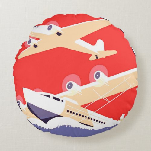 Airplane Flying Vintage WPA Colorful Round Pillow