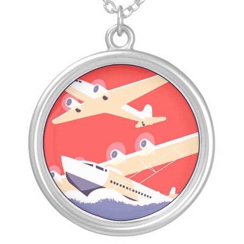 Airplane Flying Vintage WPA Colorful Silver Plated Necklace