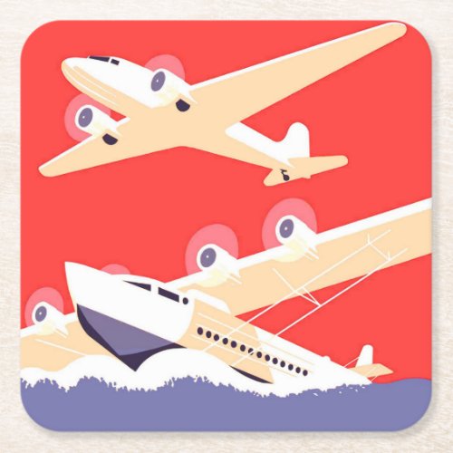 Airplane Flying Vintage WPA Colorful Square Paper Coaster