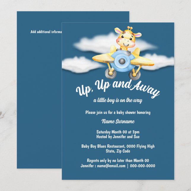Airplane giraffe baby shower blue pilot plane invitation (Front/Back)