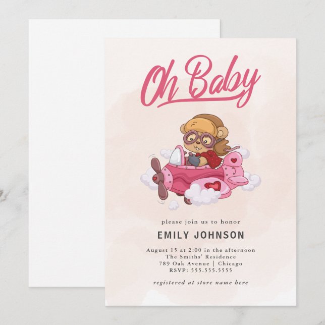 Airplane Girl Baby Shower Invitation (Front/Back)