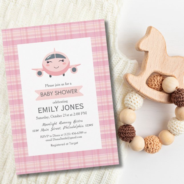 Airplane Girl Cute Baby Shower Pink and Grey Invitation (Creator Uploaded)
