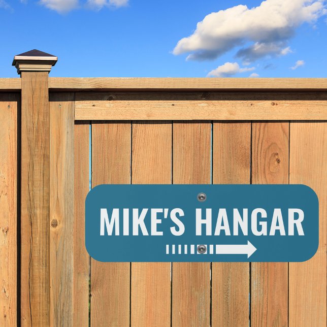 Airplane Hangar Arrow and Custom Name Blue Modern Metal Sign (Creator Uploaded)