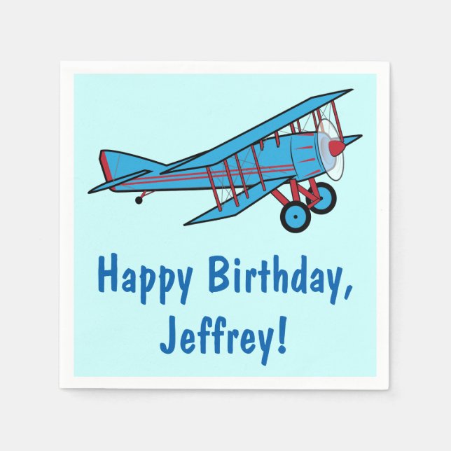 Airplane Happy Birthday Name Customizable Paper Napkins (Front)