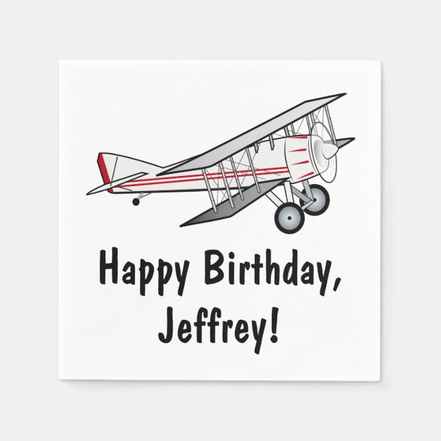 Airplane Happy Birthday Name Customizble Paper Napkins (Front)