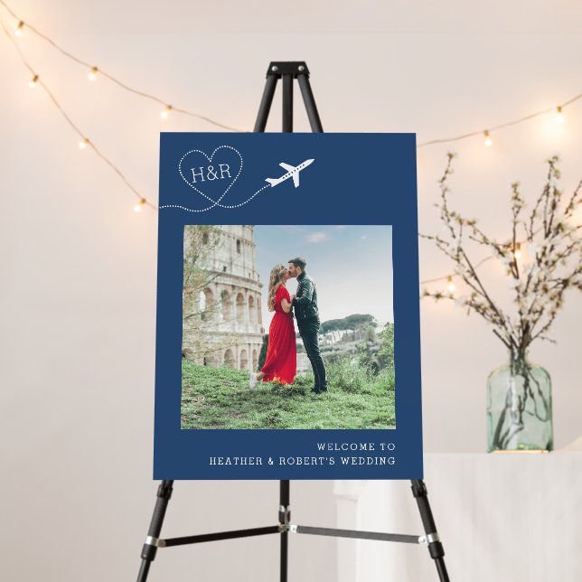 Airplane Heart Monogram Blue Wedding Welcome Sign (In Situ (Stand))