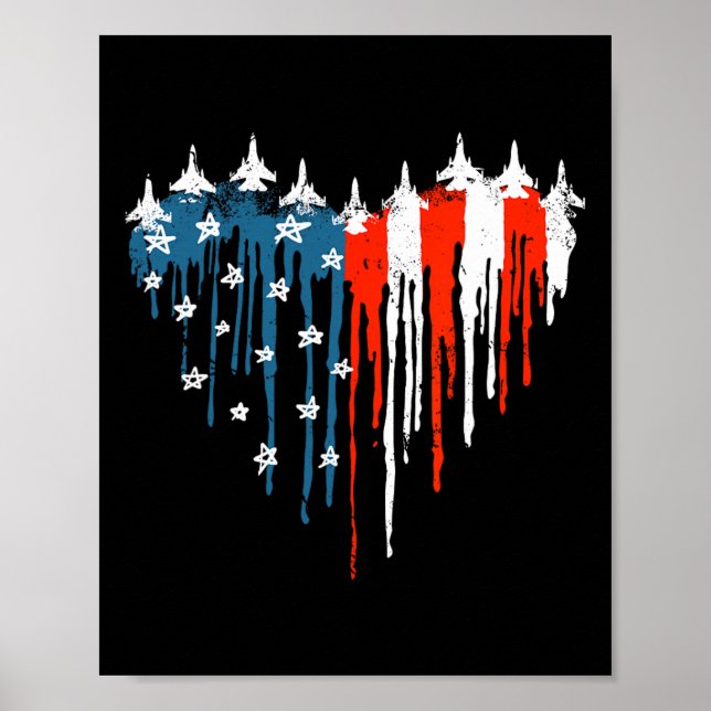 Airplane Heart Red White Blue American Flag 4th Of Poster (Front)