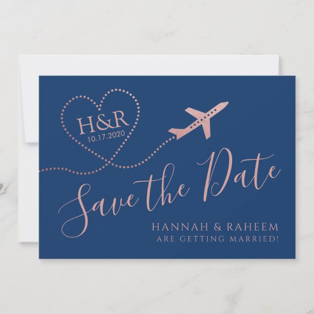 Airplane Heart Rose Gold and Navy Blue Destination Save The Date (Front)