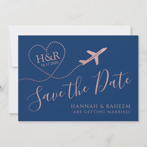 Airplane Heart Rose Gold and Navy Blue Destination Save The Date