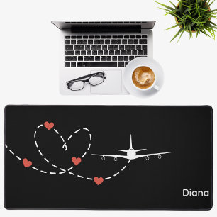 Airplane & Hearts Simple Aviation Travel Custom Desk Mat
