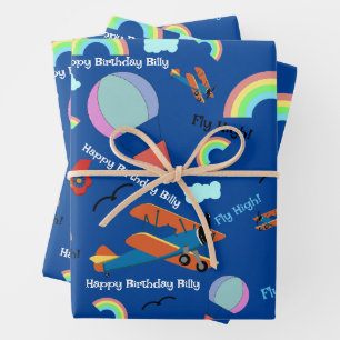 Airplane Hot Air Balloon Add Boy's Name Birthday 3 Wrapping Paper Sheets