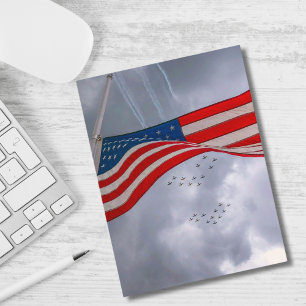 Airplane in Sky & American Flag, Fun, Patriotic Holiday Postcard