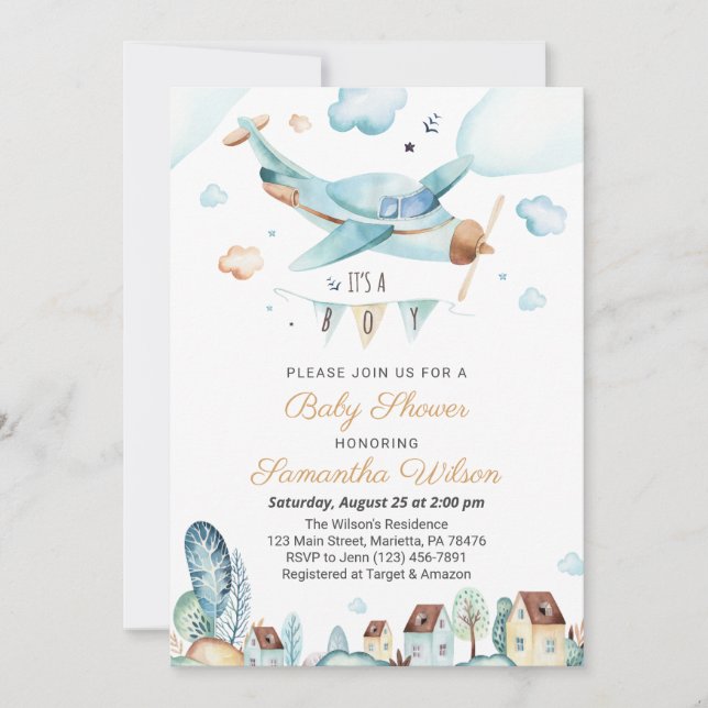 Airplane It's a Boy Baby Shower Invitation (Front)