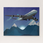 Airplane. Jumbo jet. Jigsaw Puzzle<br><div class="desc">Flying multi-engine airplane exclusive vector design,  blue colors. Jumbo jet. Mountains,  sun and stars in the background.</div>