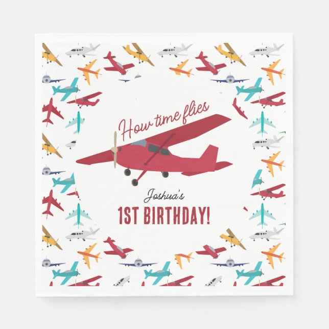 Airplane Kids 1st Birthday Party Time Flies Napkins (Front)