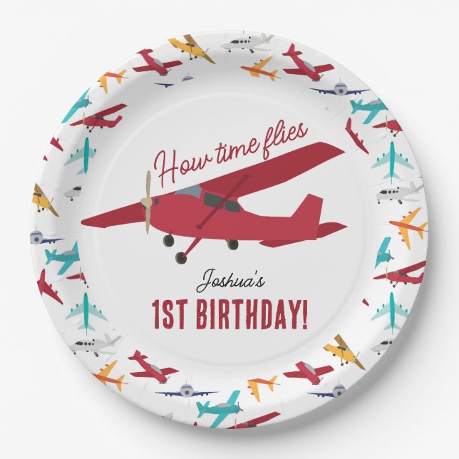 Airplane Kids 1st Birthday Party Time Flies Paper Plates (Front)