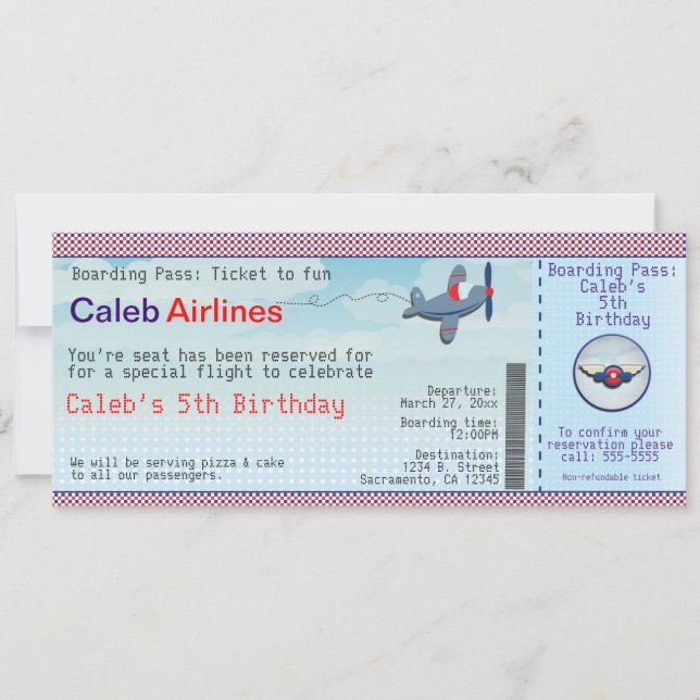 Airplane Kids Airline Ticket Birthday Invitations (Front)