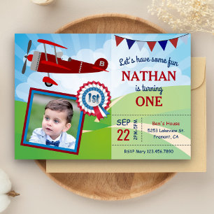 Airplane Kids Photo 1st Birthday Party Invitation