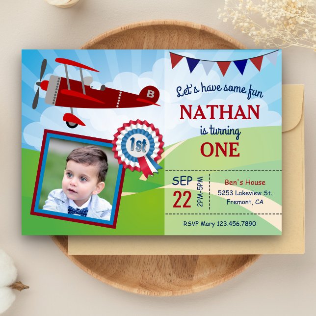 Airplane Kids Photo 1st Birthday Party Invitation (Creator Uploaded)