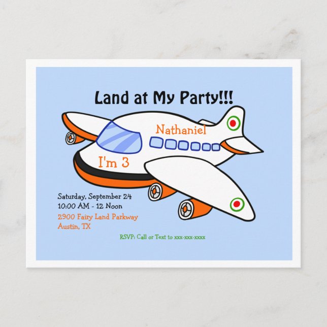 Airplane Land at My Birthday Blue II Party Invitation Postcard (Front)