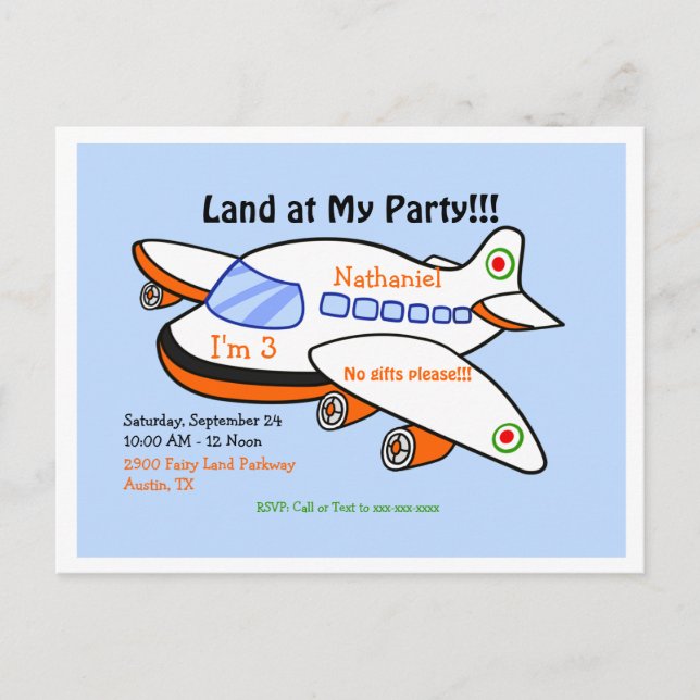 Airplane Land at My Birthday Blue Party Invitation Postcard (Front)