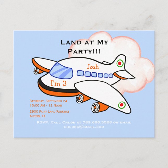 Airplane Land at My Birthday Party Blue Invitation Postcard (Front)