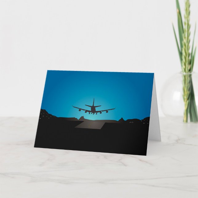 Airplane Landing Silhouette at Night  Card (Creator Uploaded)