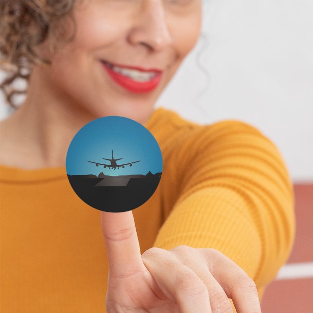 Airplane Landing Silhouette at Night  Classic Round Sticker (Creator Uploaded)