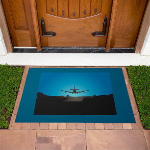 Airplane Landing Silhouette at Night Doormat