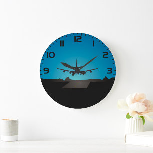 Airplane Landing Silhouette at Night  Large Clock
