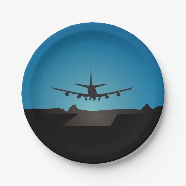 Airplane Landing Silhouette at Night  Paper Plates (Front)