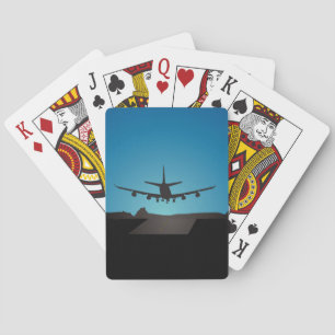 Airplane Landing Silhouette at Night Poker Cards