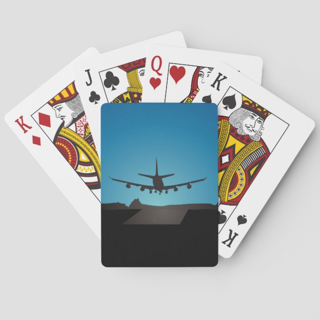 Airplane Landing Silhouette at Night  Poker Cards (Back)