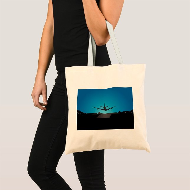 Airplane Landing Silhouette at Night  Tote Bag (Creator Uploaded)