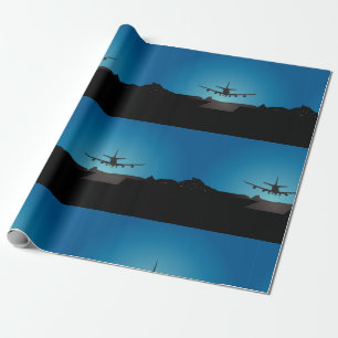 Airplane Landing Silhouette at Night Wrapping Paper