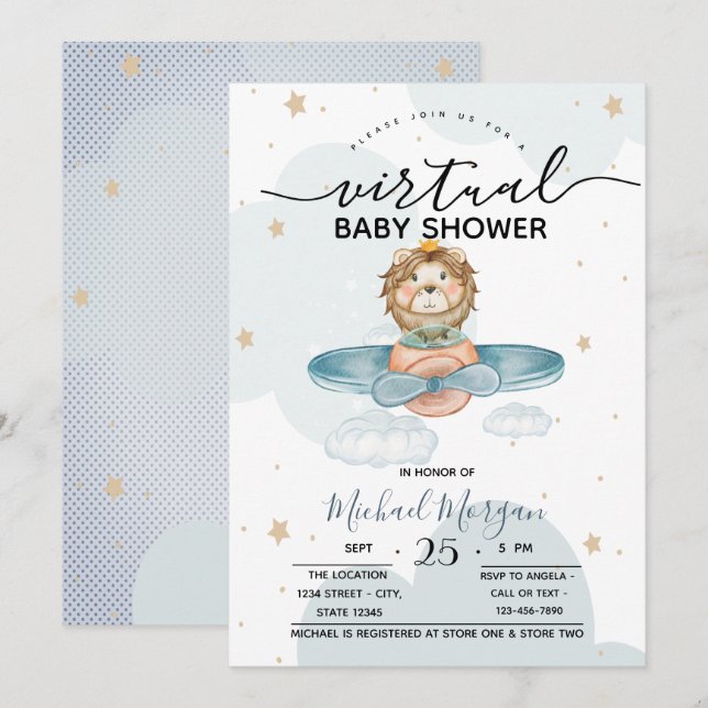 Airplane Lion Clouds Dots Virtual Baby Shower Invitation (Front/Back)